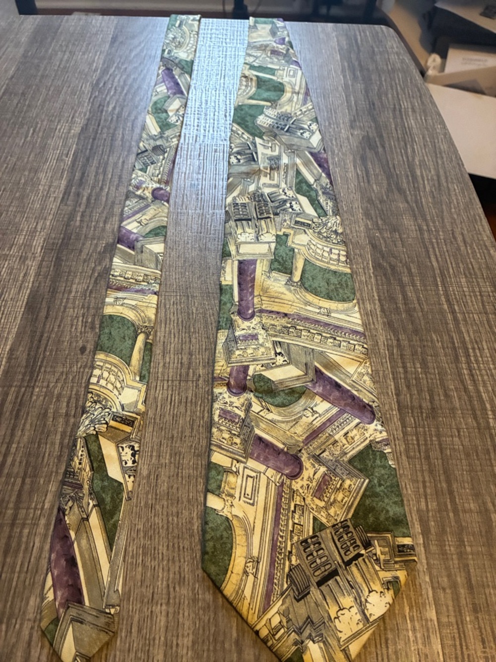 Ralph Marlin Green, Purple, Gold Architectural Motif Silk Tie